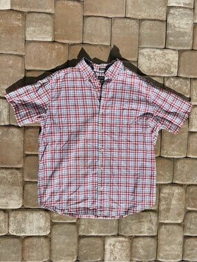 Red and White Plaid Short-Sleeve Button-Down Shirt